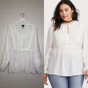 Torrid white crochet peasant tassel detail blouse